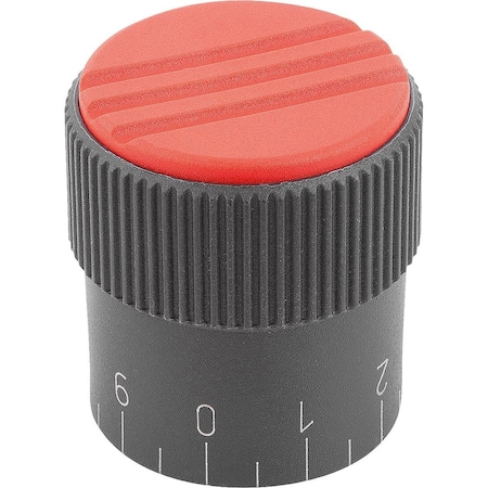 Knurled Knob W.Scale Size:3, D1=34, H=36, D=8, Form:C, Plastic Black, Comp:Steel, Cap:Red